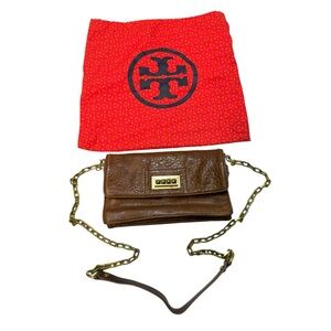 Tory Burch brown and gold studded leather crossbody bag with chain strap